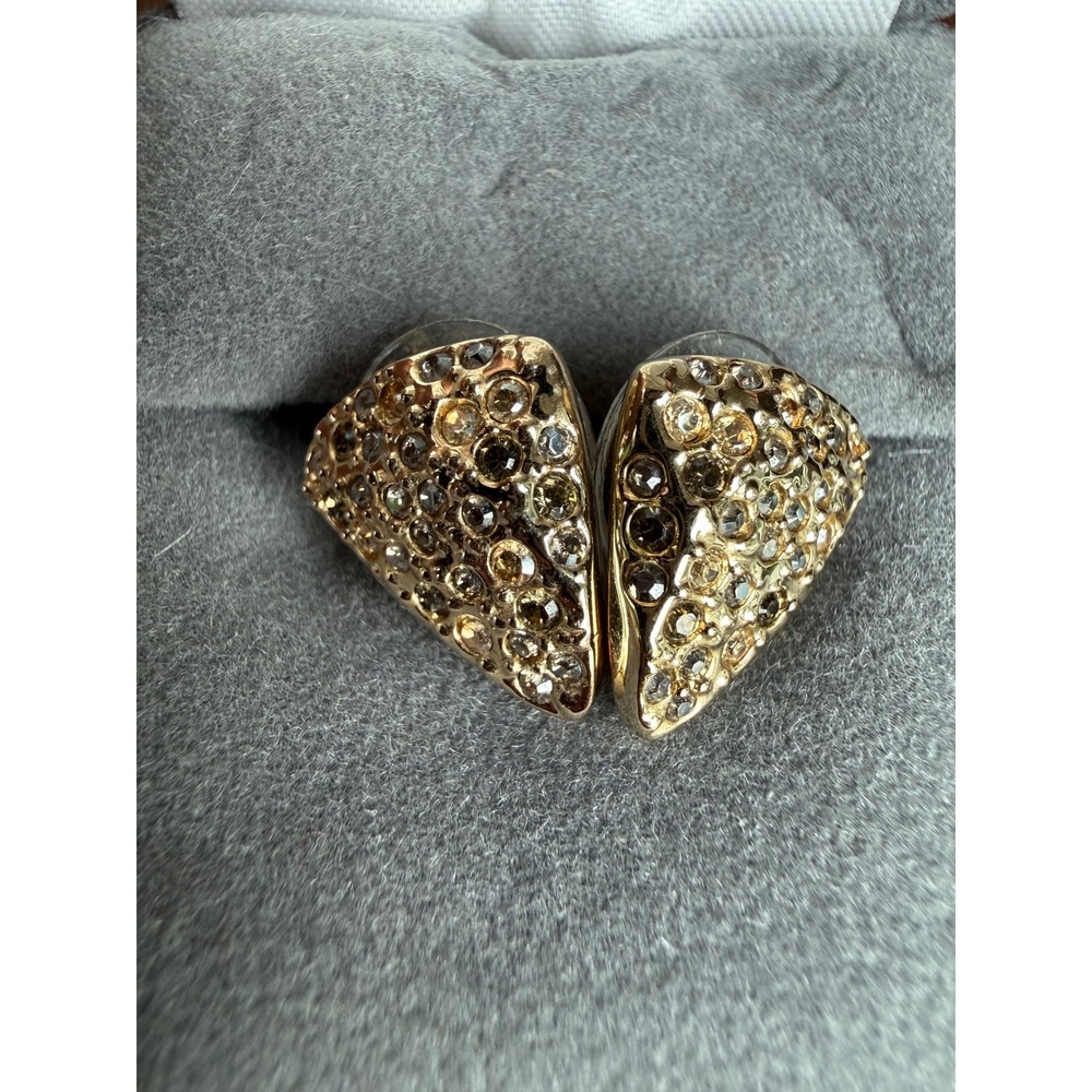 Swarovski Gold Tone‎ Crystal Pave Triangle Shield Stud Earrings Champagne Amber